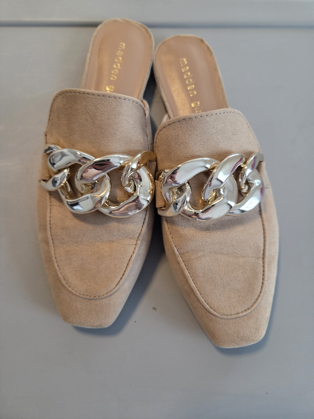 Madden Girl Beige Suede Chain-Accent Women's Mules